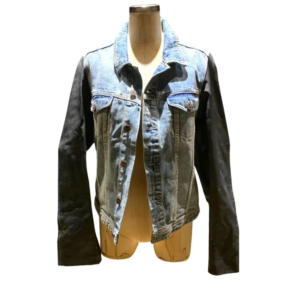 Maison Scotch Leather Sleeved Jean Jacket Womens Size Large